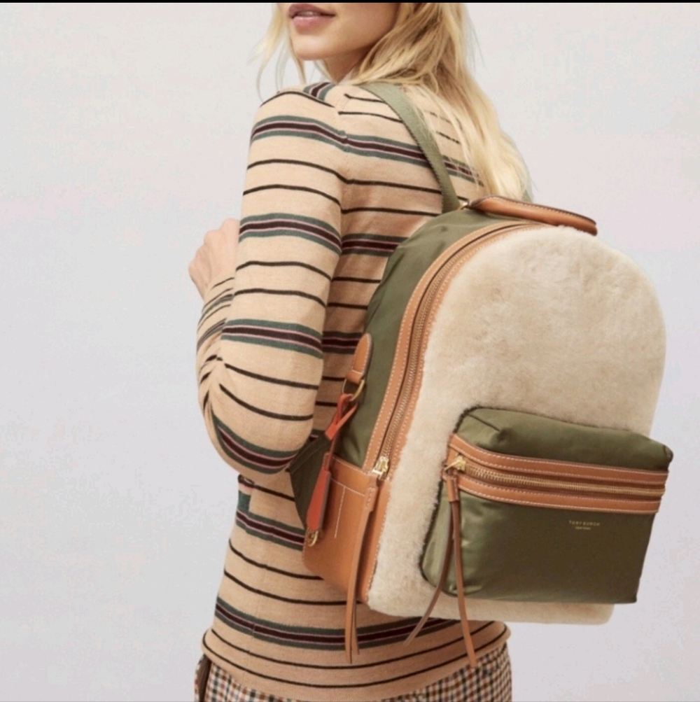 Tory Burch Perry Shearling & Nylon Backpack - Olive/Cream